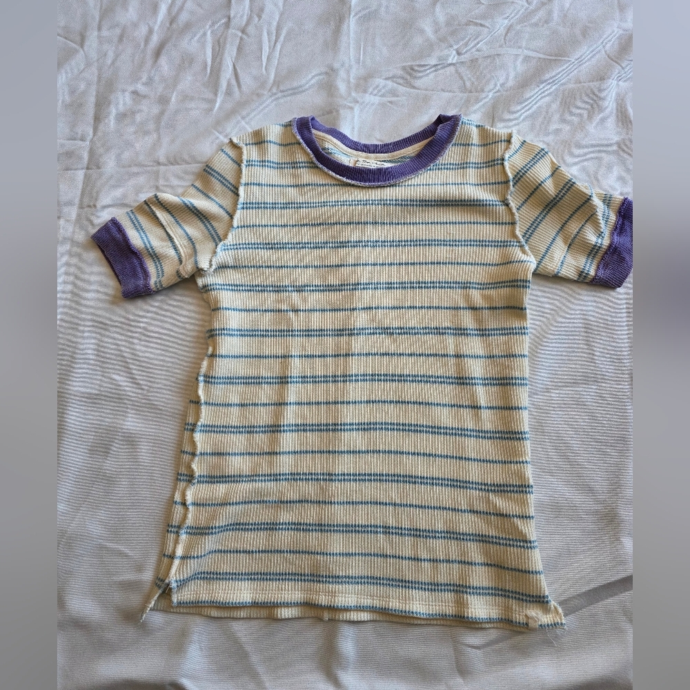 Free People We The Free Cream and Blue Waffle Knit Tee with Purple Trim